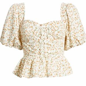 NWOT ASTR the Label Floral Puff Sleeve Lace-Up Corset Peplum,Rust White Ditsy, M
